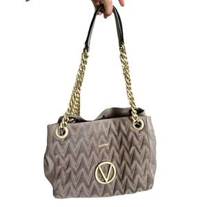 Valentino Gray Suede/Leather Large Shoulder Bag Gold Hardware
